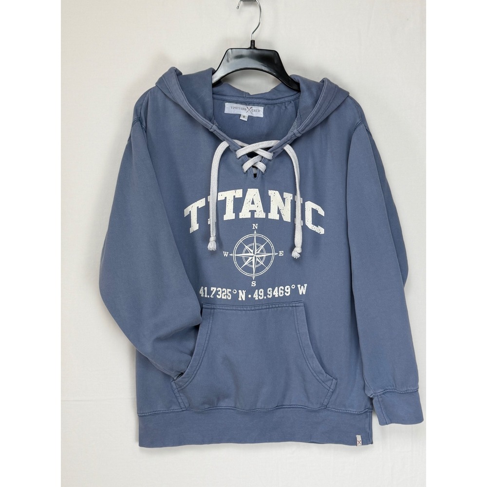 Vineyard Crew Womens Cotton Titanic Hoodie S Blue Lace Up Graphic Sweatshirt